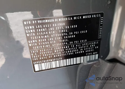 2023 Volkswagen Taos 1.5T Se z USA, uszkodzony, nr VIN 3VVEX7B28PM307479